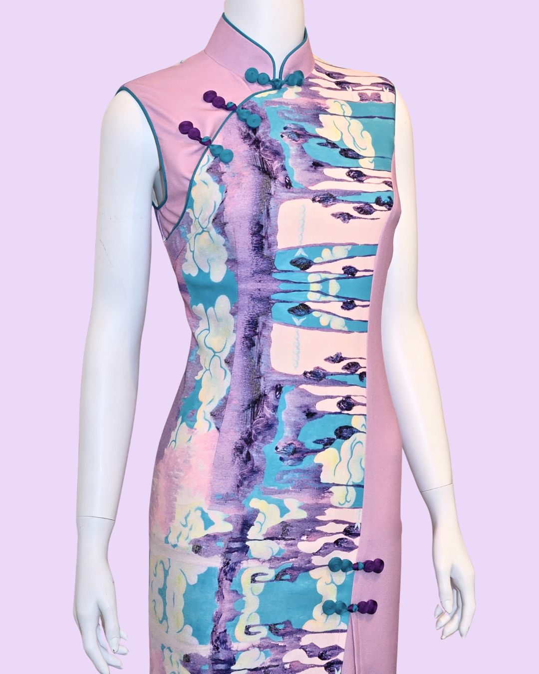 Lavender & Blue Acrylic Painting Cheongsam