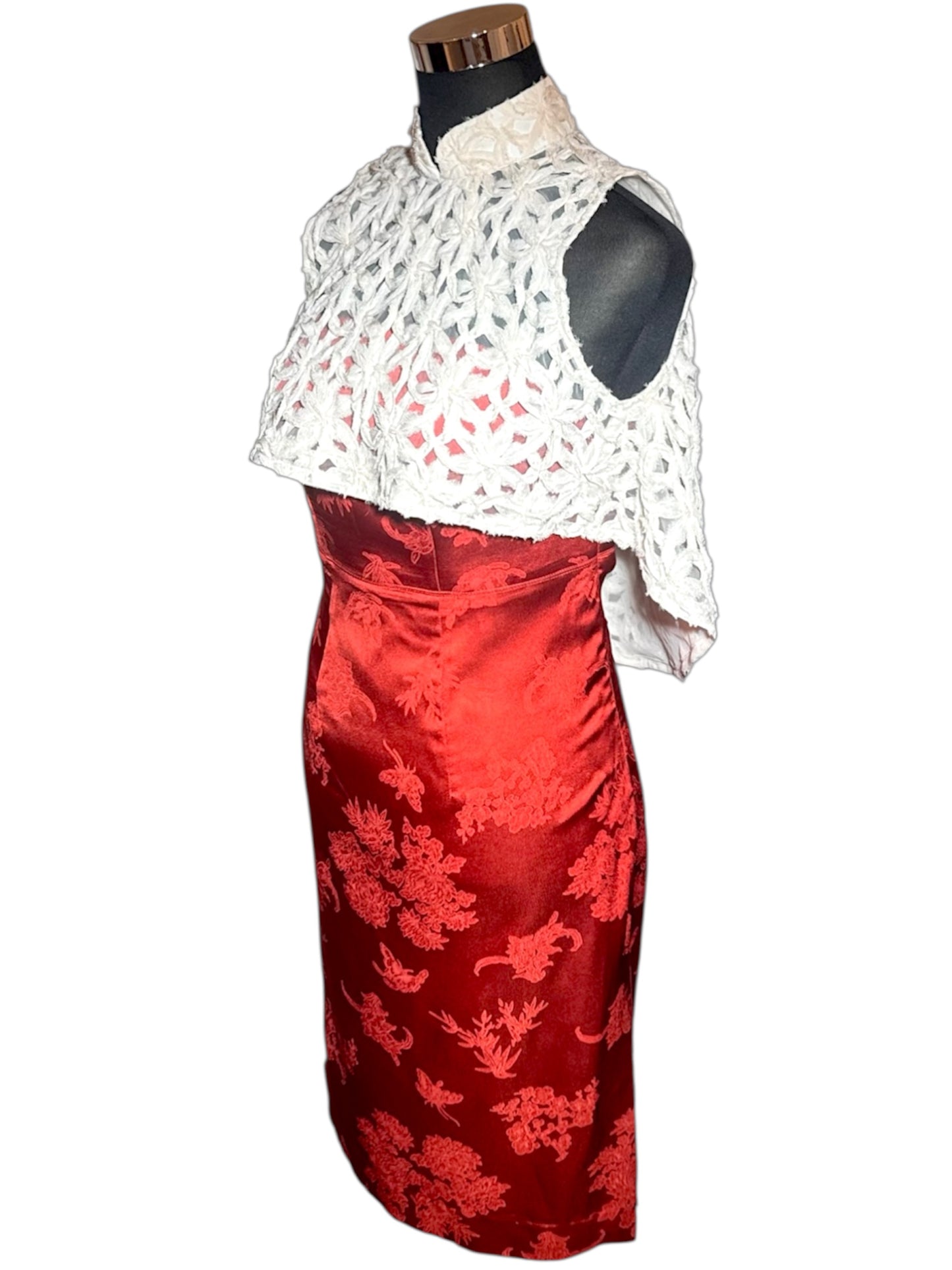 Lace Capelet & Red Jacquard Cheongsam Dress Set