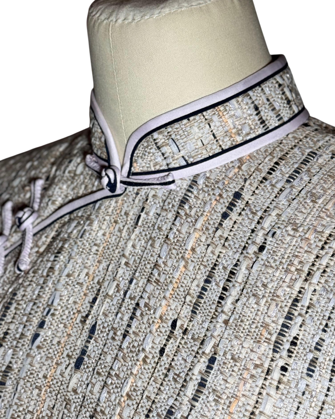 Light Grey Tweed Cheongsam with Lavender Trim