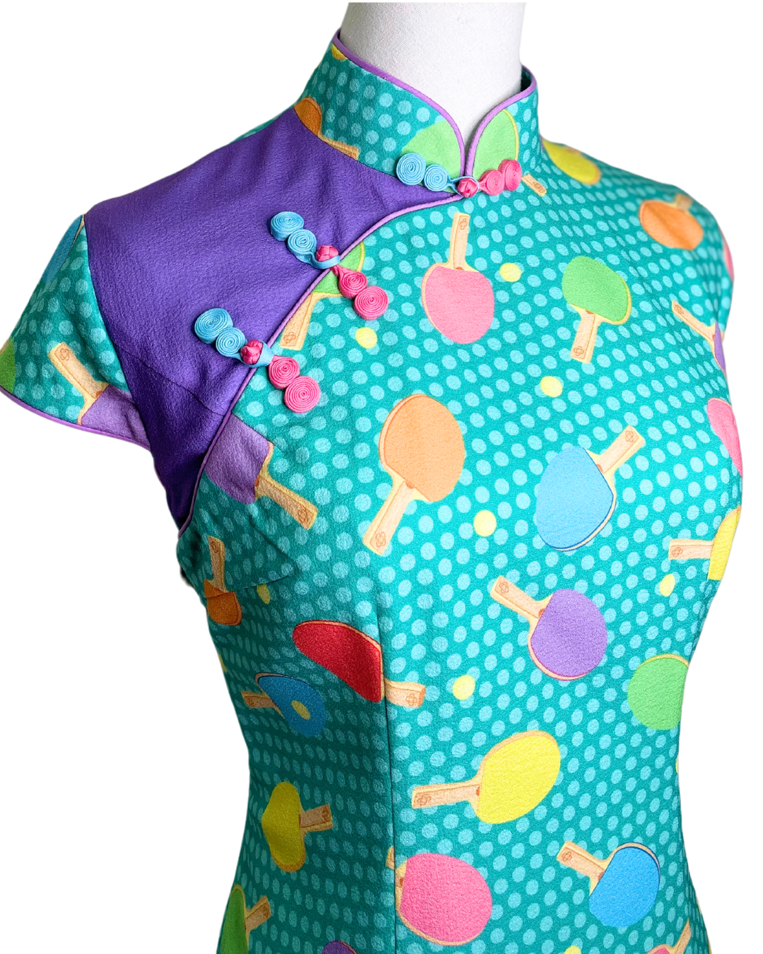 Turquoise Ping Pong Print Cap Sleeve Cheongsam