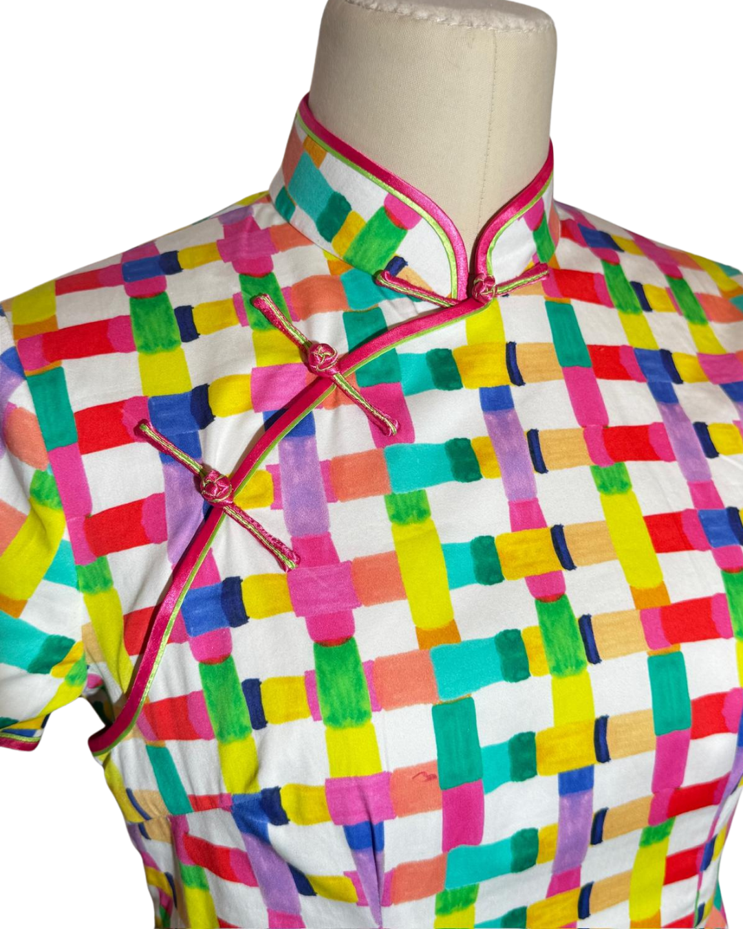 Multicolor Geometric Block Print Cap Sleeve Cheongsam