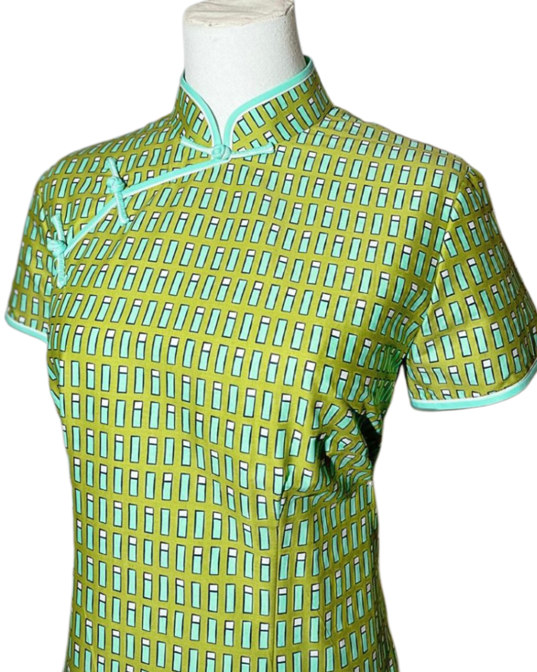 Olive Green Geometric Print Cap Sleeve Cheongsam