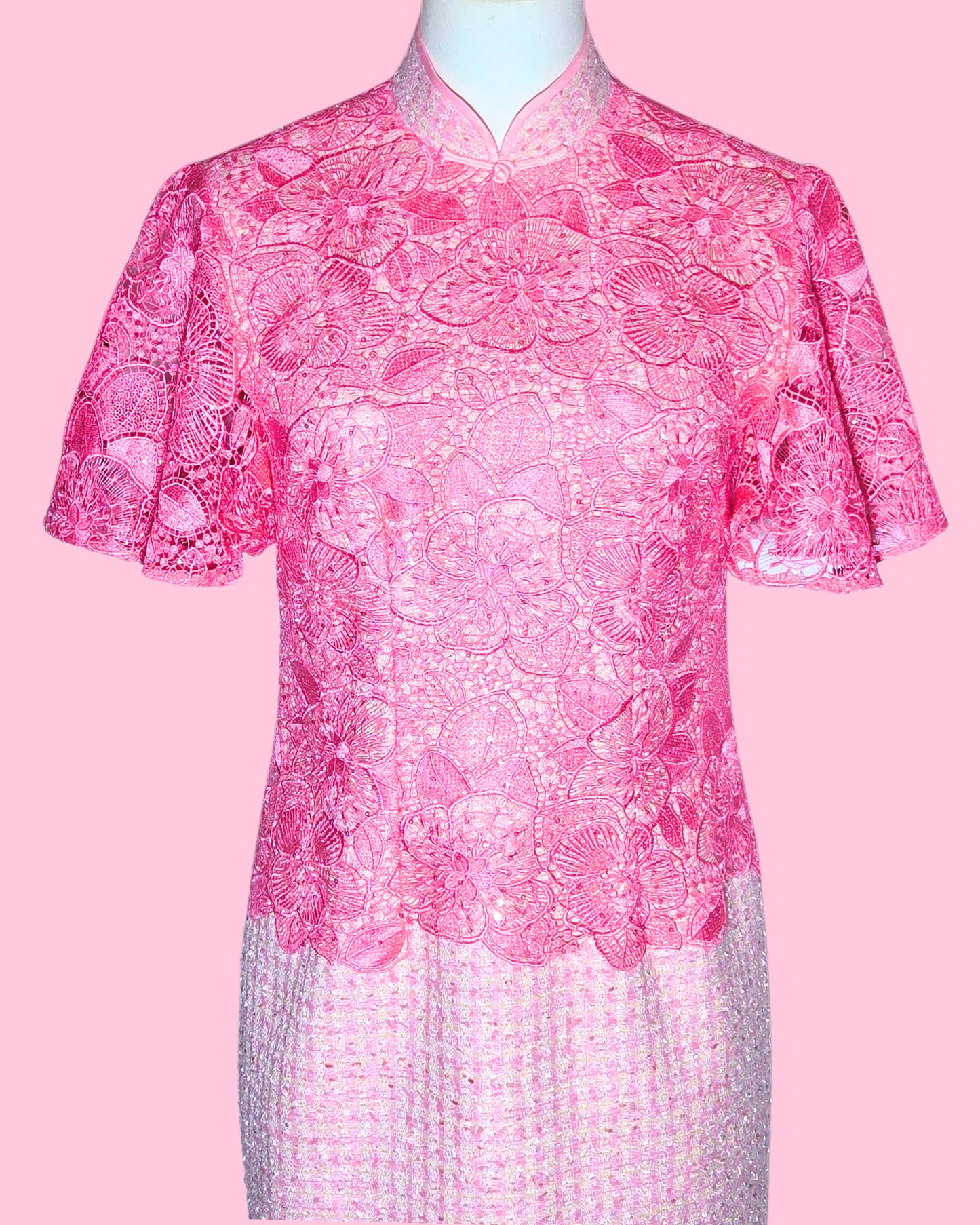 Baby Pink Tweed Lace Cheongsam