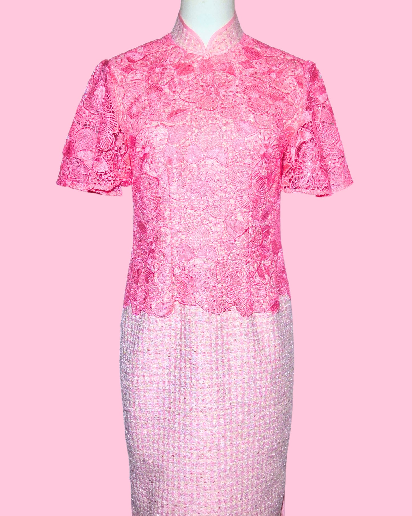 Baby Pink Tweed Lace Cheongsam