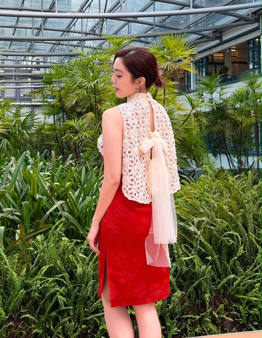 Lace Capelet & Red Jacquard Cheongsam Dress Set