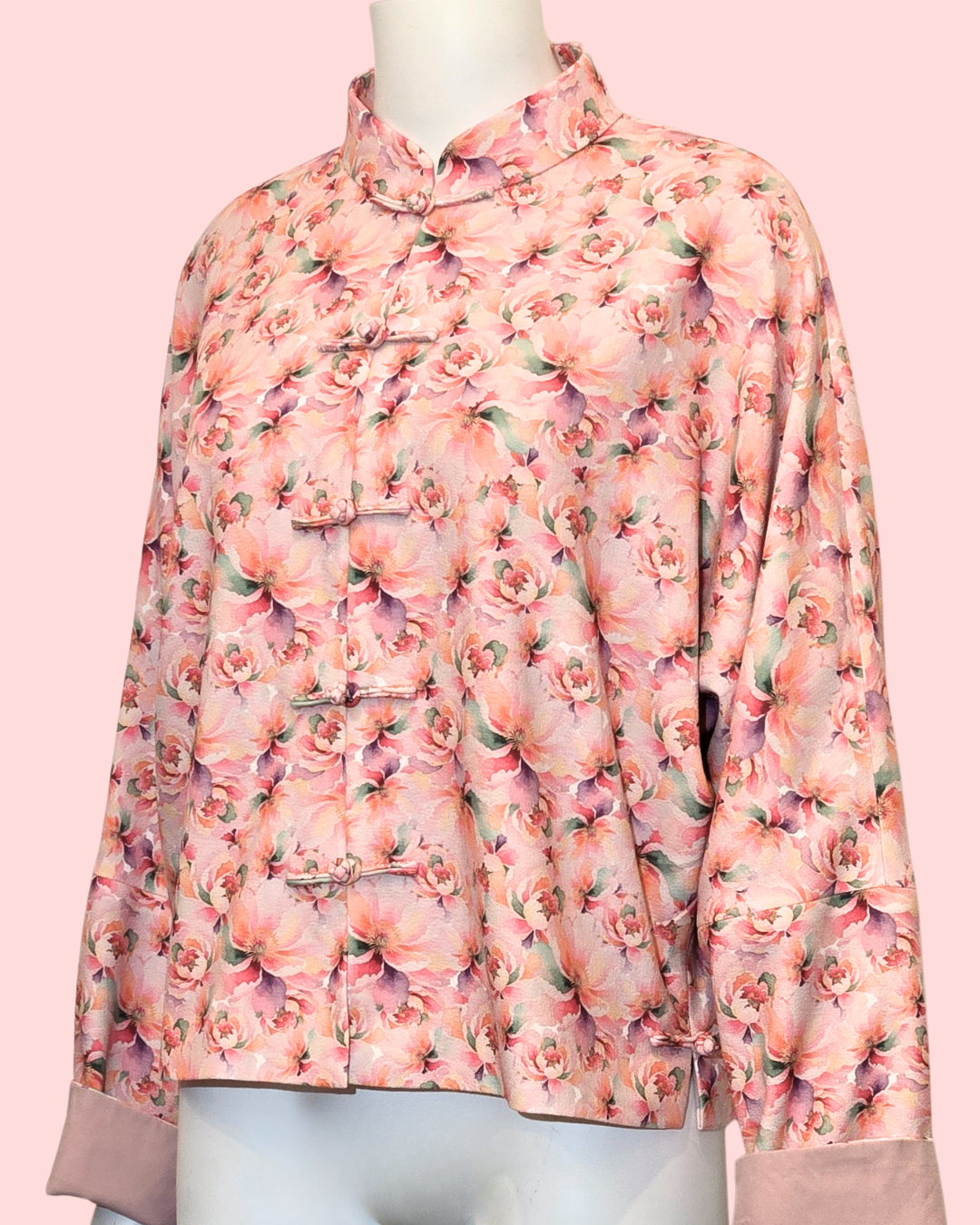 Peach Floral Printed Tang Jacket Cheongsam