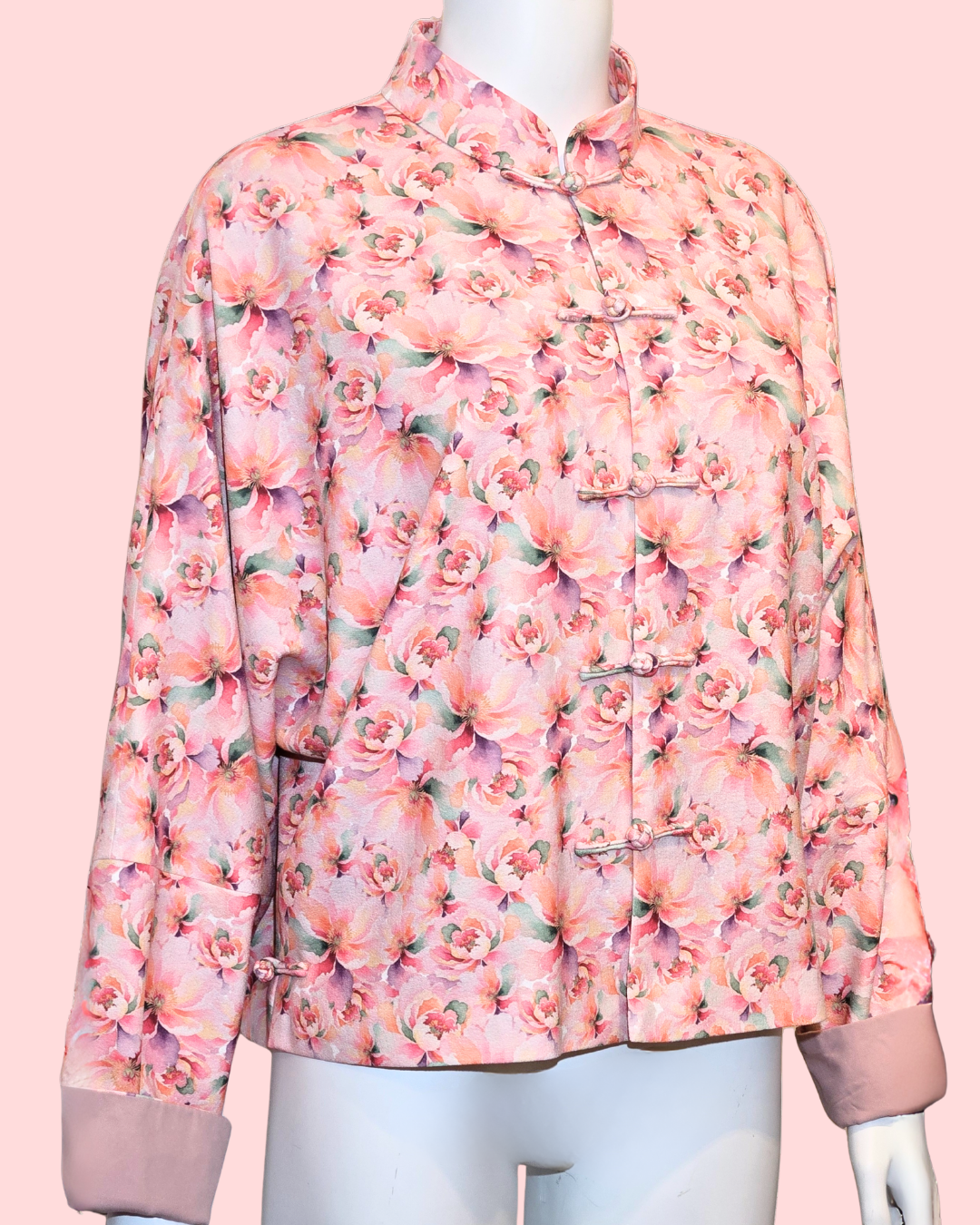 Peach Floral Printed Tang Jacket Cheongsam