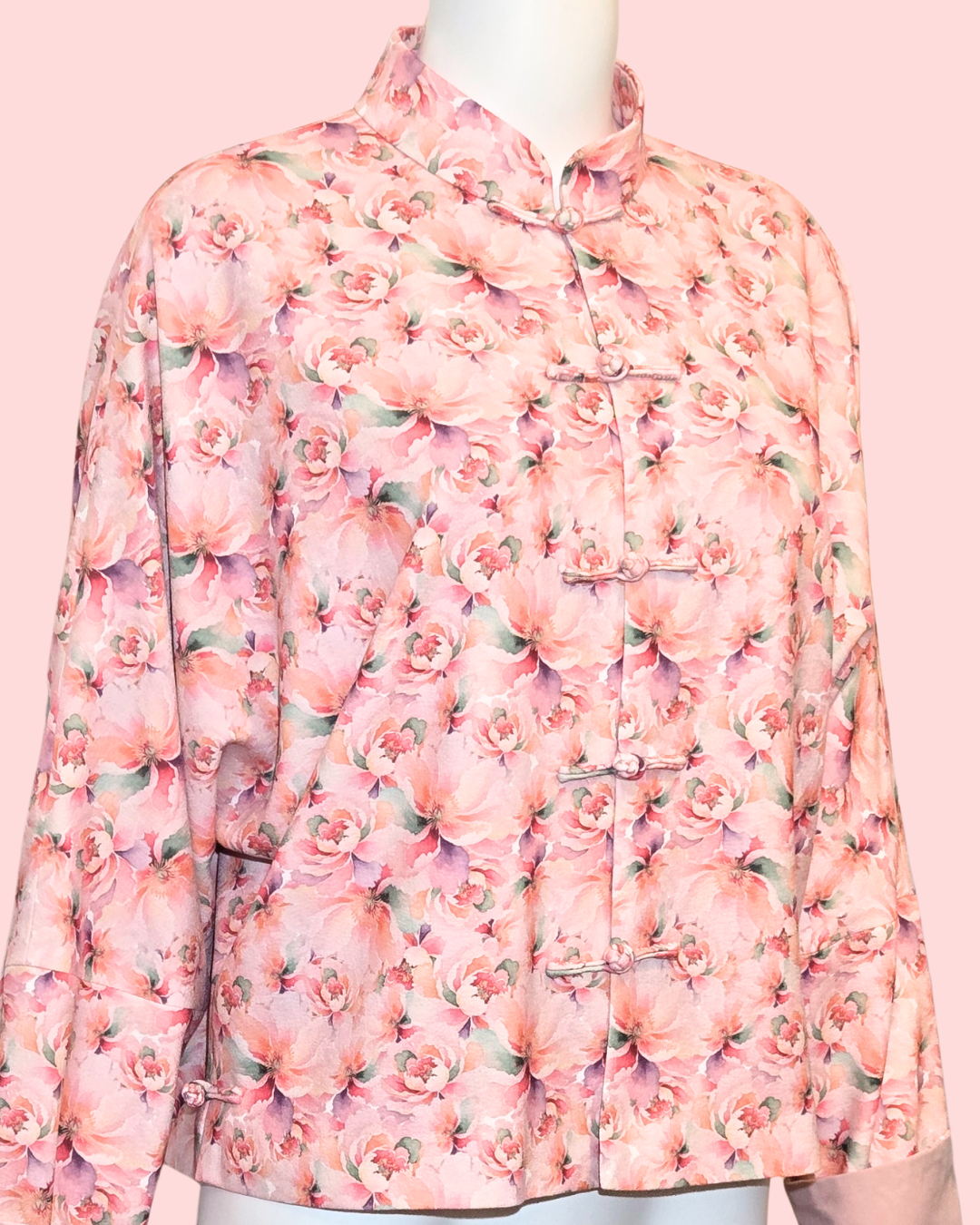 Peach Floral Printed Tang Jacket Cheongsam