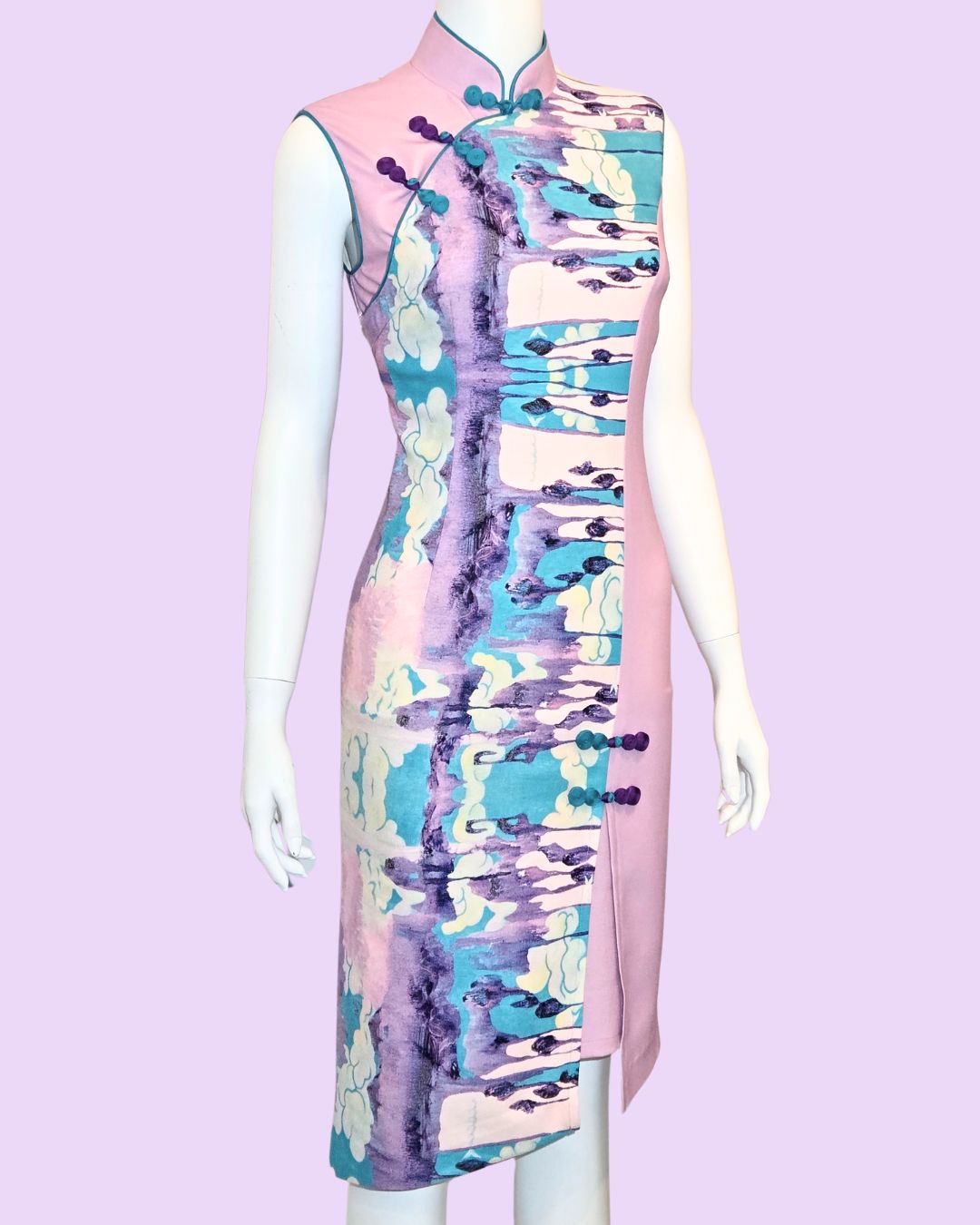 Lavender & Blue Acrylic Painting Cheongsam