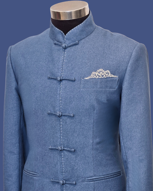 Navy Blue Denim w/ Golden Cloud Embroidery Men's Tang Jacket