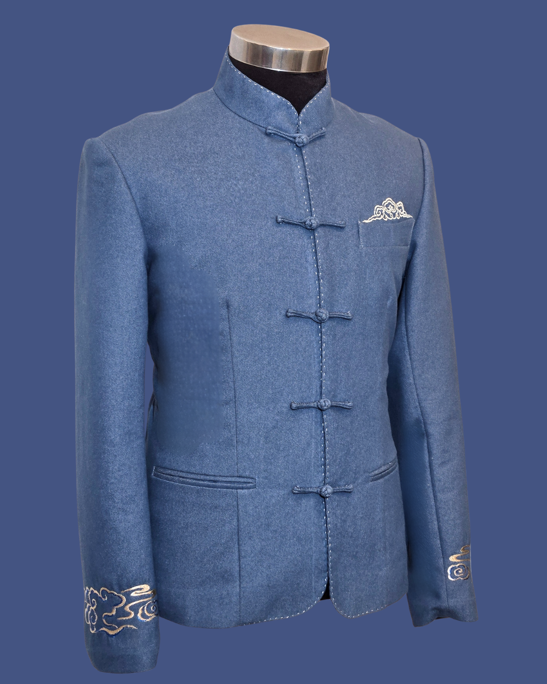 Navy Blue Denim w/ Golden Cloud Embroidery Men's Tang Jacket