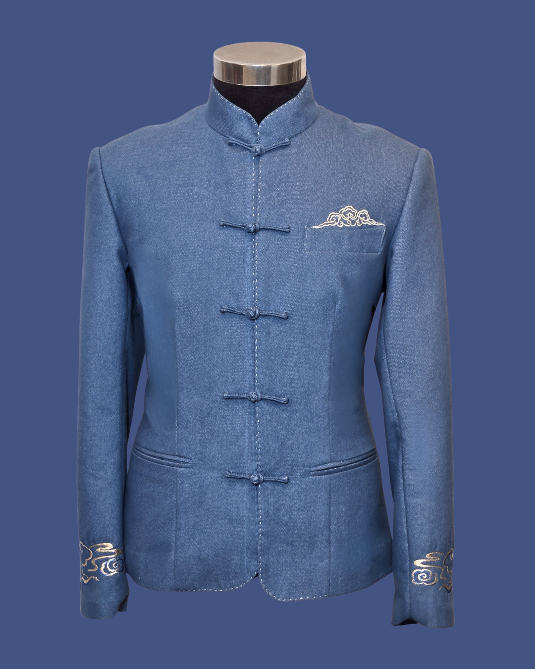 Navy Blue Denim w/ Golden Cloud Embroidery Men's Tang Jacket