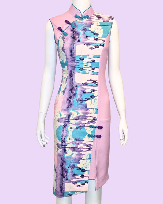 Lavender & Blue Acrylic Painting Cheongsam