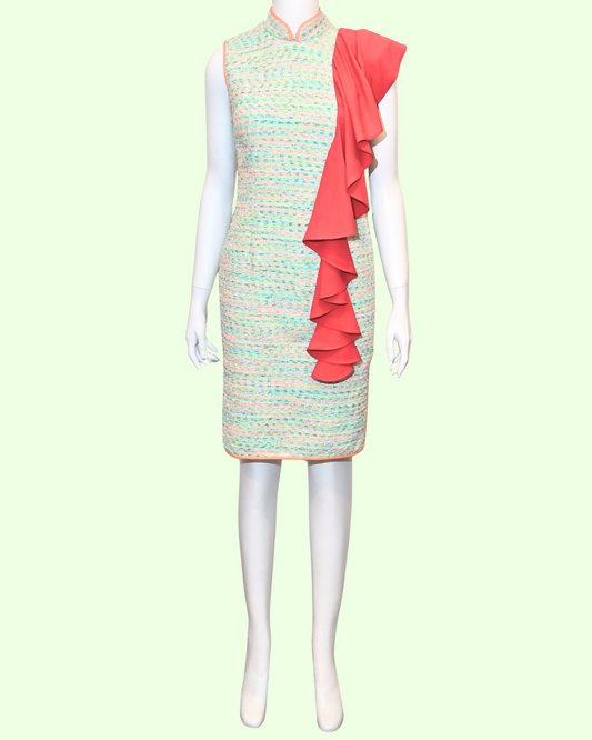 Baby Green Tweed w/ Red Shoulder Flounce Cheongsam