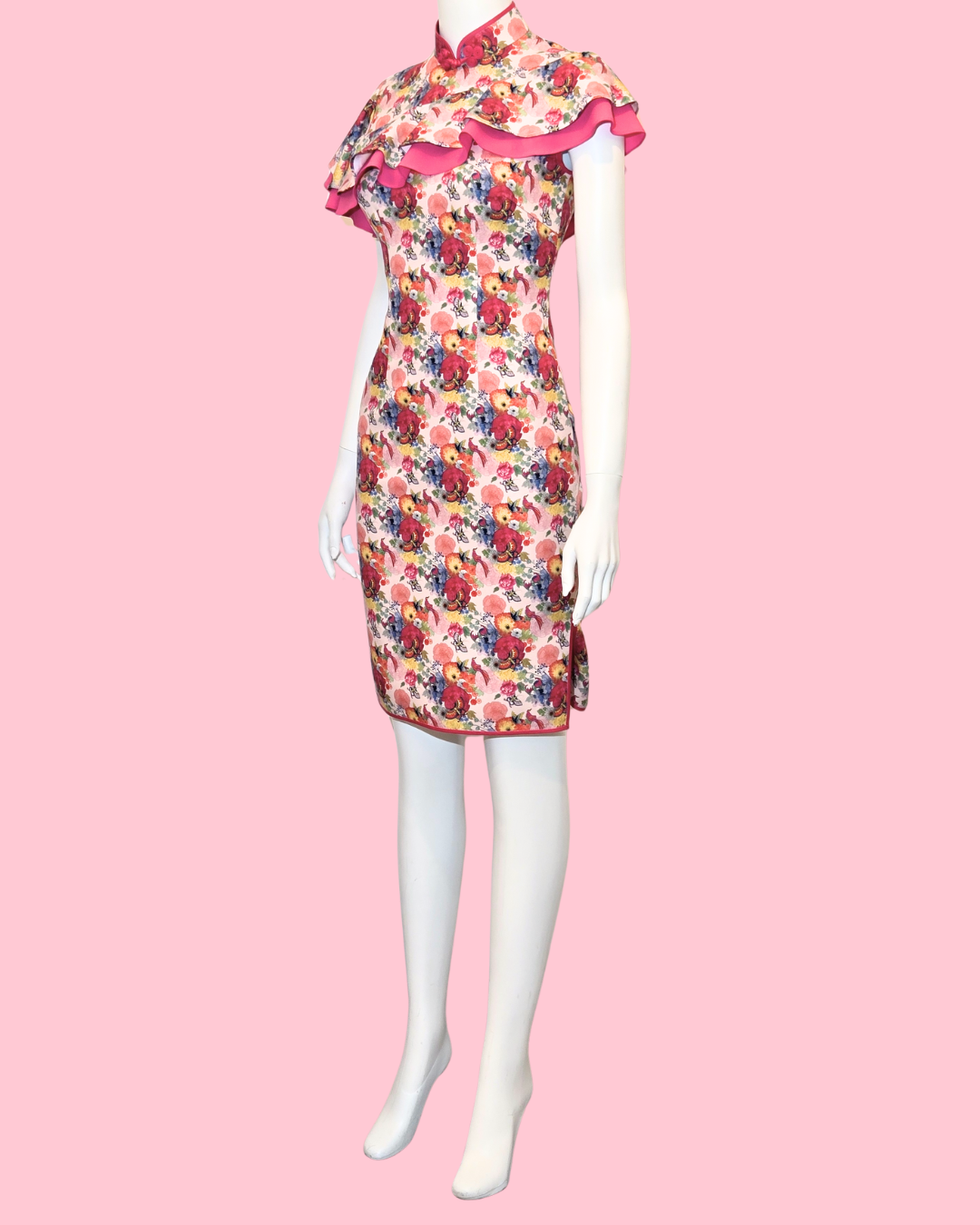 Multi-Colour Floral Blossom w/ Off-shoulder Ruffle Cheongsam