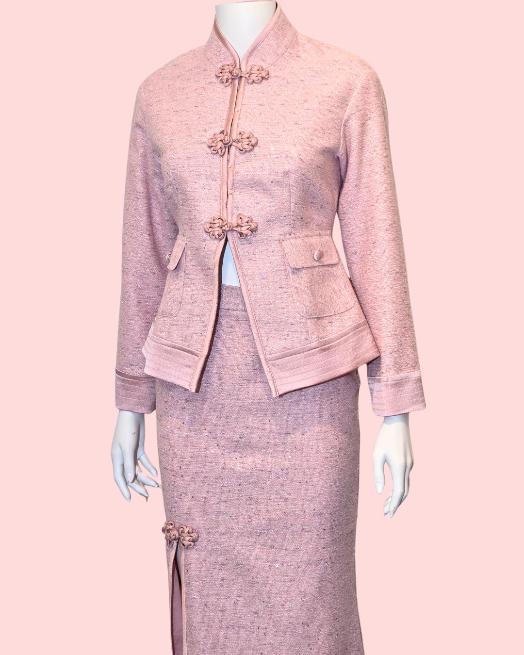 Baby Pink Tweed Shimmer Tang Peplum Jacket + Medi Skirt (Set)