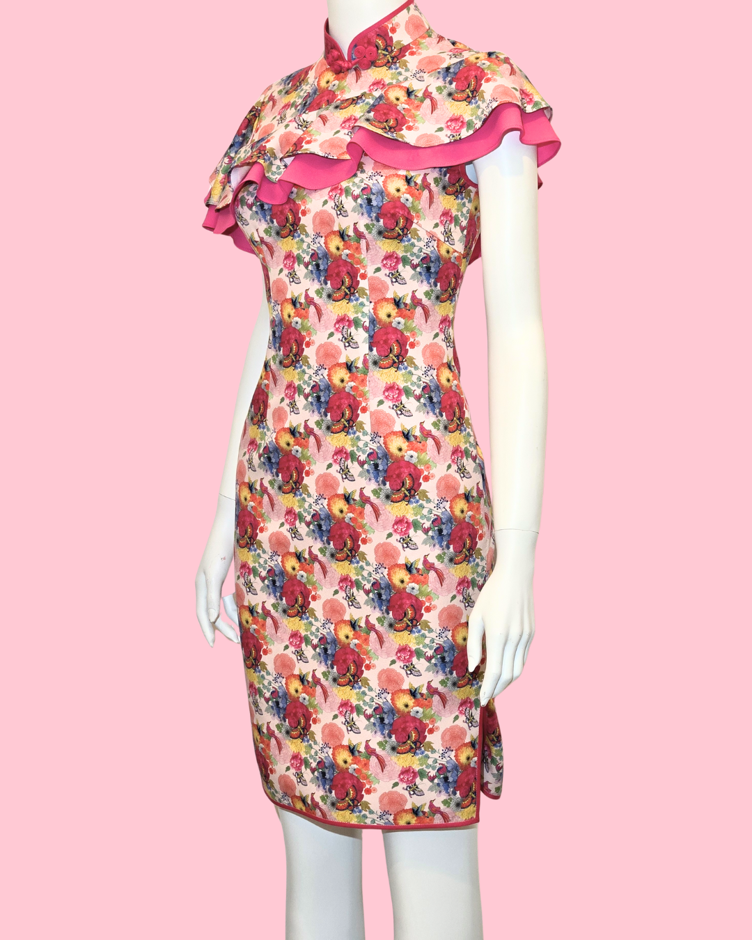 Multi-Colour Floral Blossom w/ Off-shoulder Ruffle Cheongsam