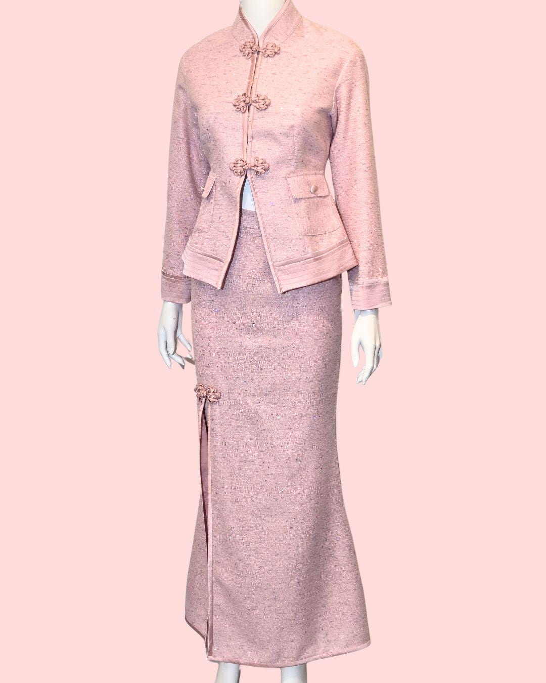 Baby Pink Tweed Shimmer Tang Peplum Jacket + Medi Skirt (Set)
