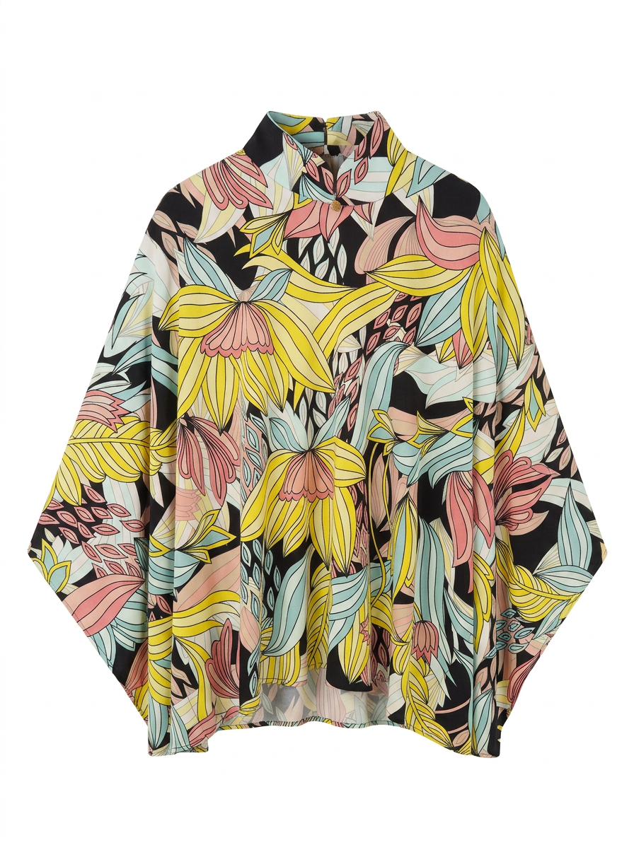 Yellow Black Floral Art Cheongsam Cape