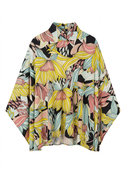 Yellow Black Floral Art Cheongsam Cape