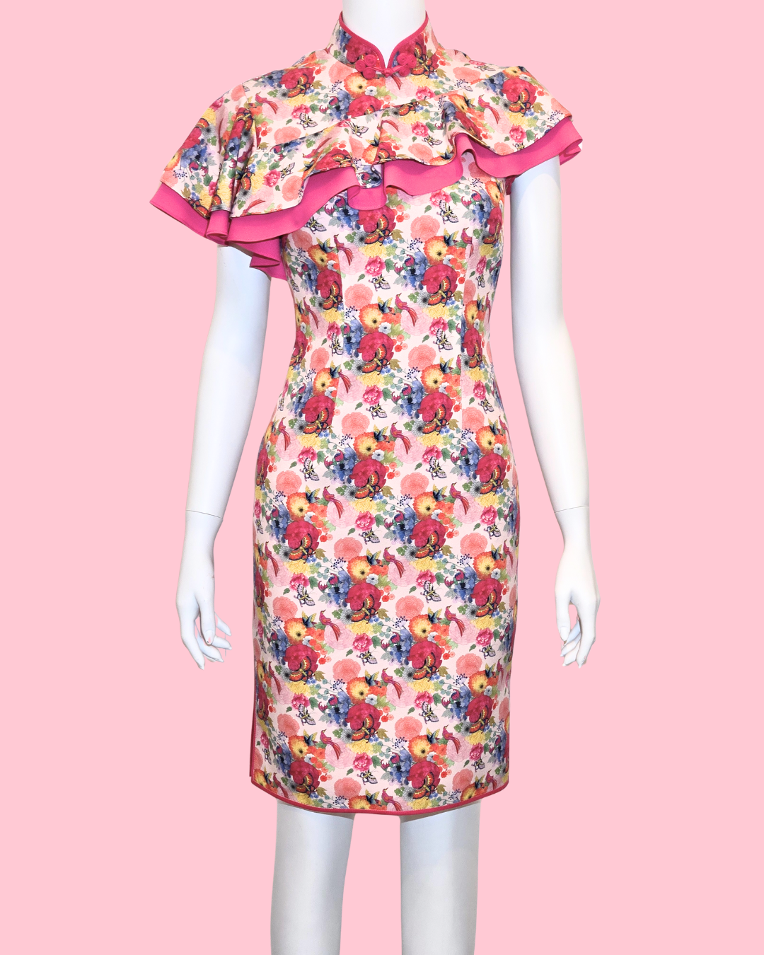 Multi-Colour Floral Blossom w/ Off-shoulder Ruffle Cheongsam