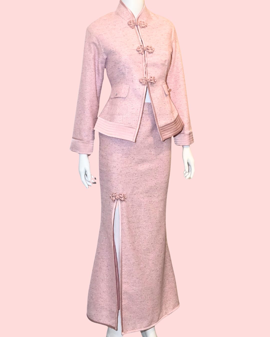 Baby Pink Tweed Shimmer Tang Peplum Jacket + Medi Skirt (Set)