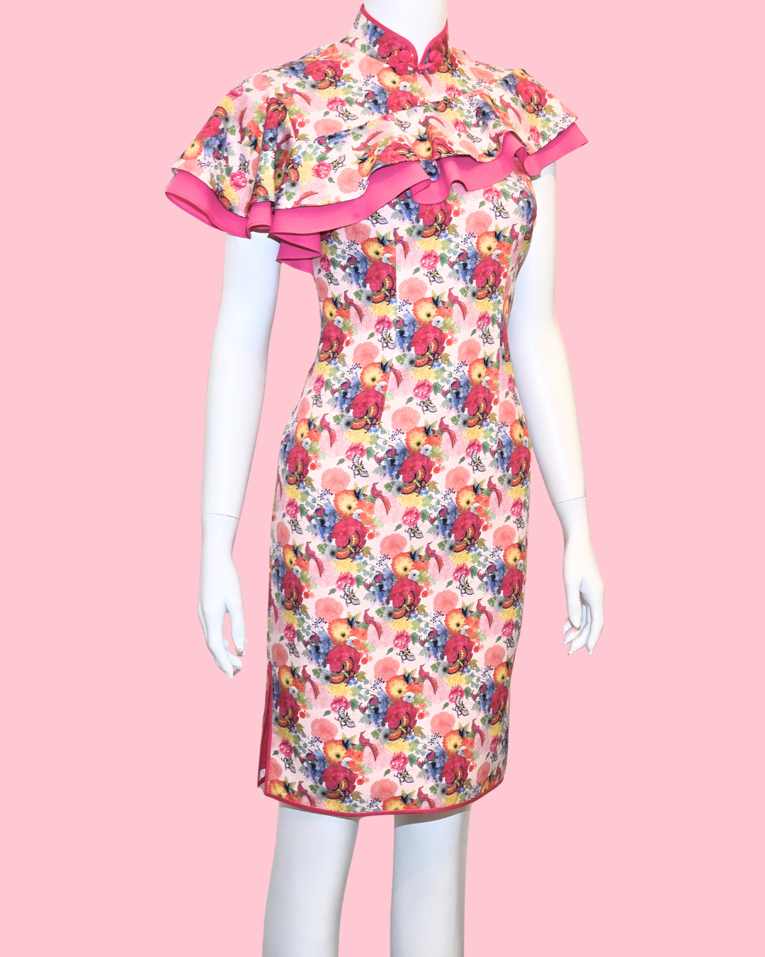 Multi-Colour Floral Blossom w/ Off-shoulder Ruffle Cheongsam