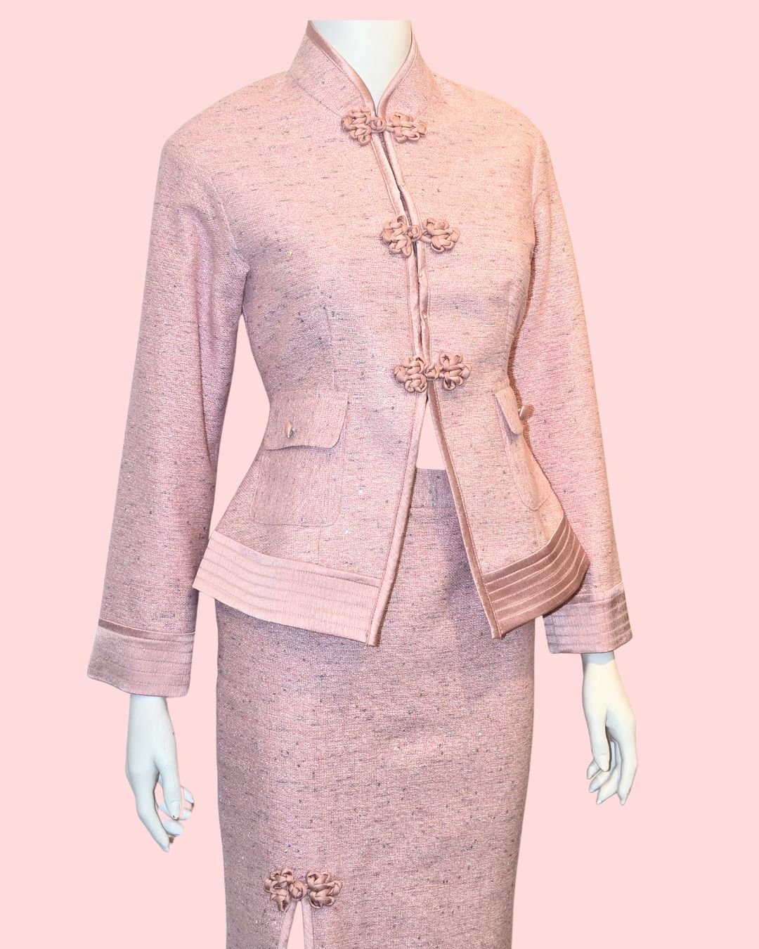 Baby Pink Tweed Shimmer Tang Peplum Jacket + Medi Skirt (Set)