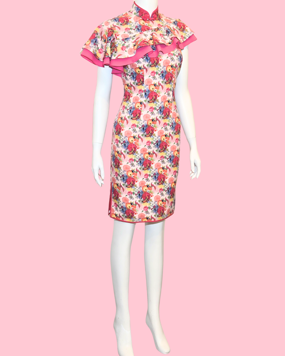 Multi-Colour Floral Blossom w/ Off-shoulder Ruffle Cheongsam