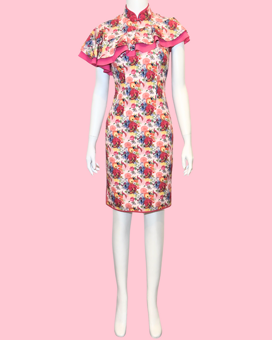 Multi-Colour Floral Blossom w/ Off-shoulder Ruffle Cheongsam
