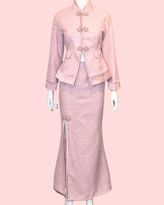 Baby Pink Tweed Shimmer Tang Peplum Jacket + Medi Skirt (Set)