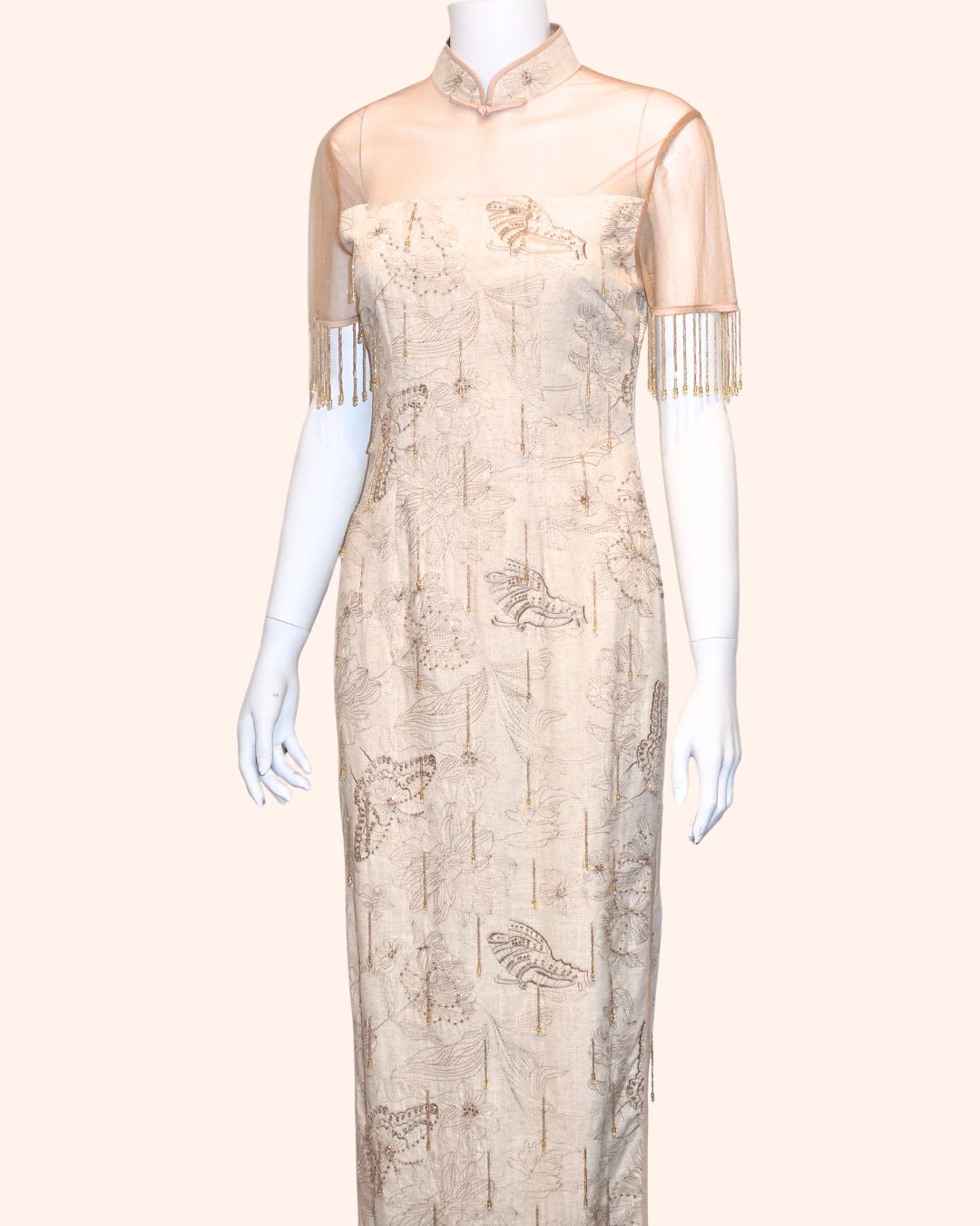 Golden Hand-Beaded Fringe Cheongsam