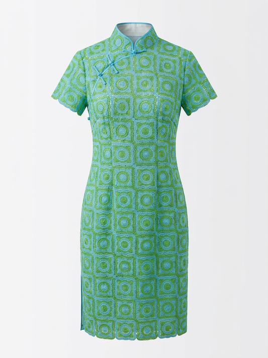 Blue Green Geometric Lace Cheongsam
