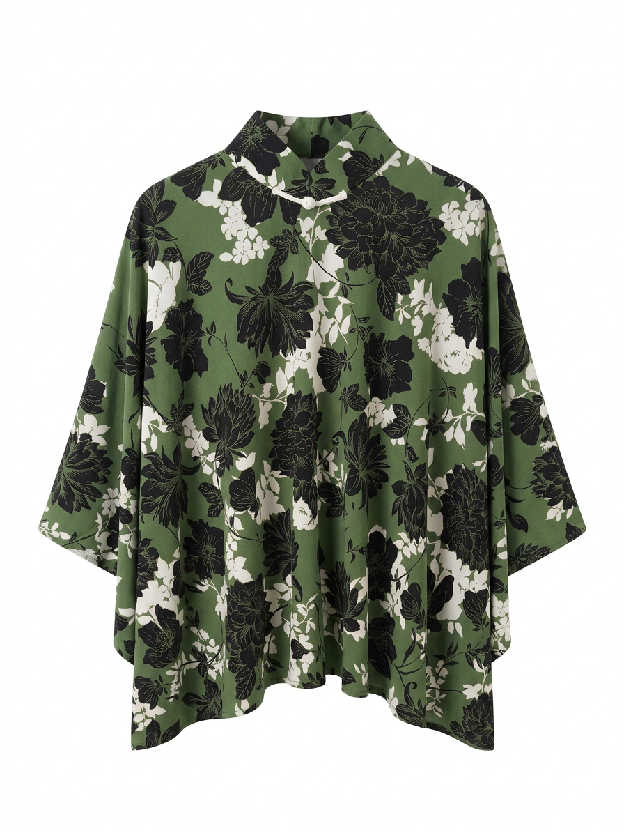 Green Black Floral Cheongsam Cape
