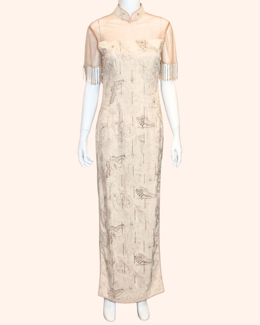 Golden Hand-Beaded Fringe Cheongsam