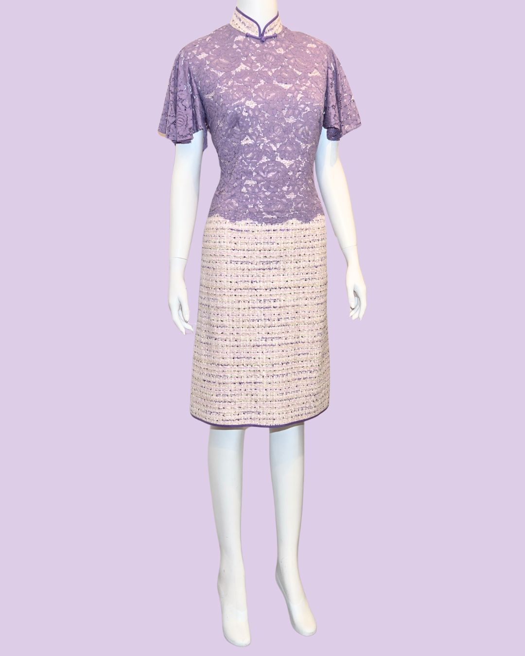Purple Floral Lace Tweed Cheongsam