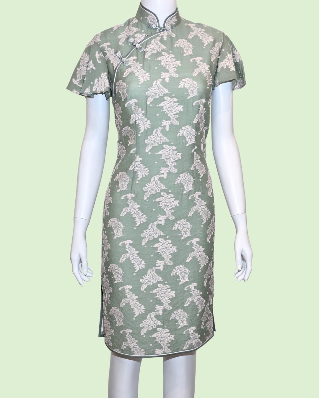 Green Leaf Ruffle Sleeves Cheongsam