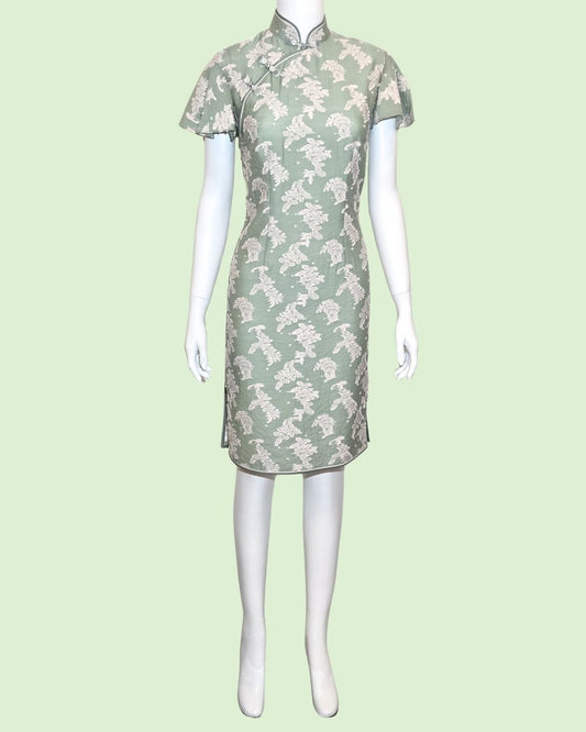 Green Leaf Ruffle Sleeves Cheongsam
