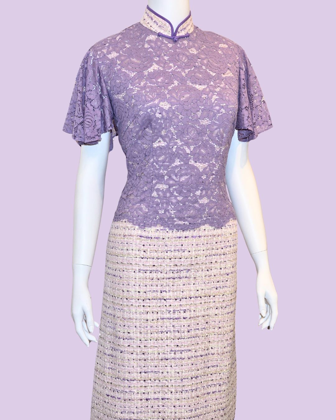 Purple Floral Lace Tweed Cheongsam