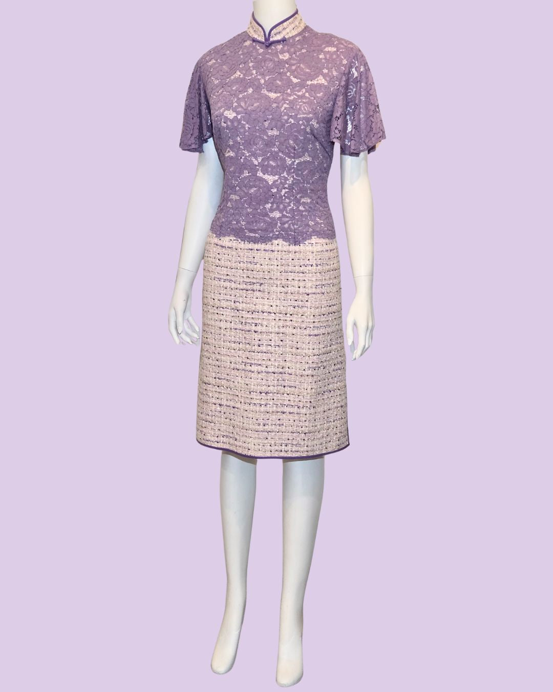 Purple Floral Lace Tweed Cheongsam