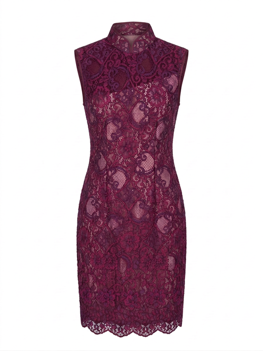 Burgundy Floral Lace Asymmetric Cheongsam