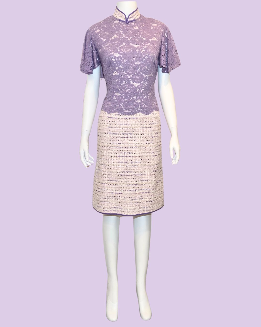 Purple Floral Lace Tweed Cheongsam