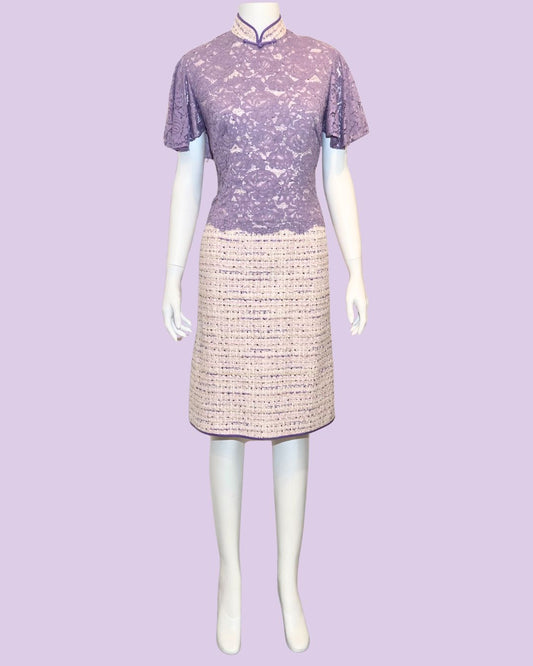 Purple Floral Lace Tweed Cheongsam