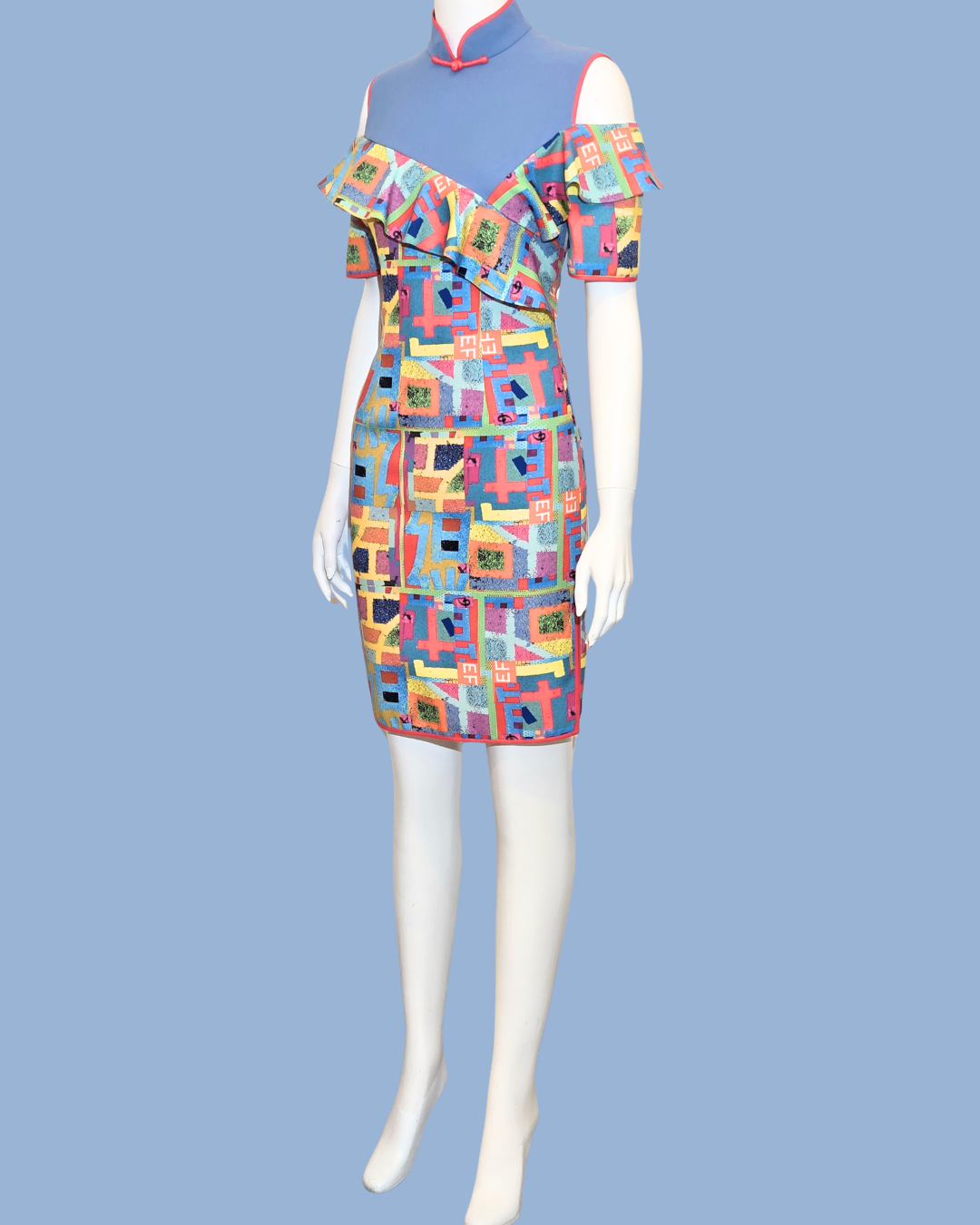 Blue and Multicolour Geometric Print Cheongsam