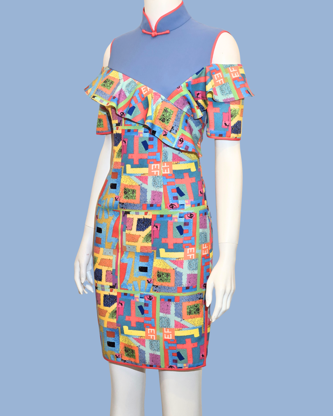 Blue and Multicolour Geometric Print Cheongsam