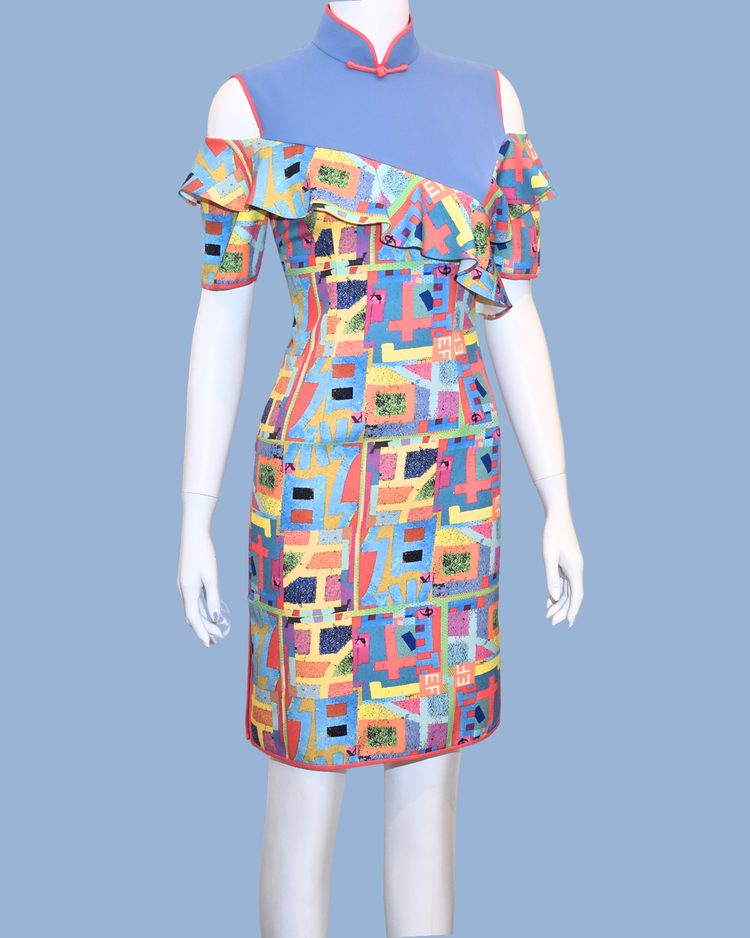 Blue and Multicolour Geometric Print Cheongsam
