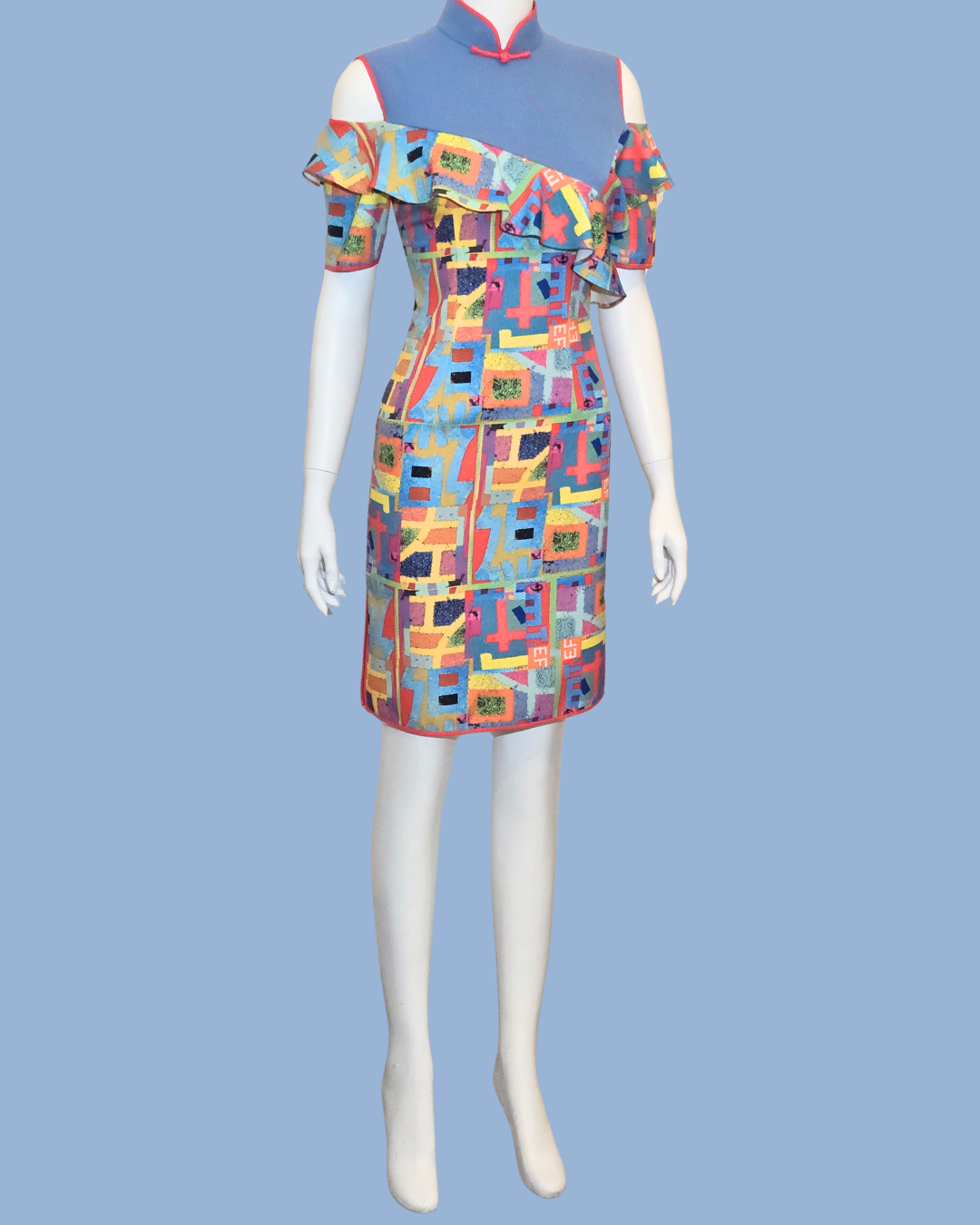 Blue and Multicolour Geometric Print Cheongsam
