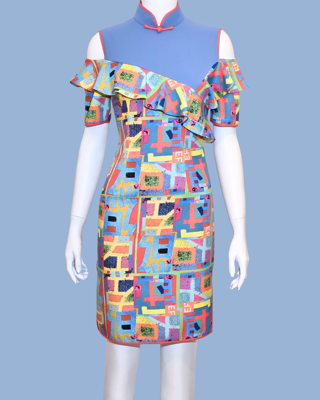 Blue and Multicolour Geometric Print Cheongsam