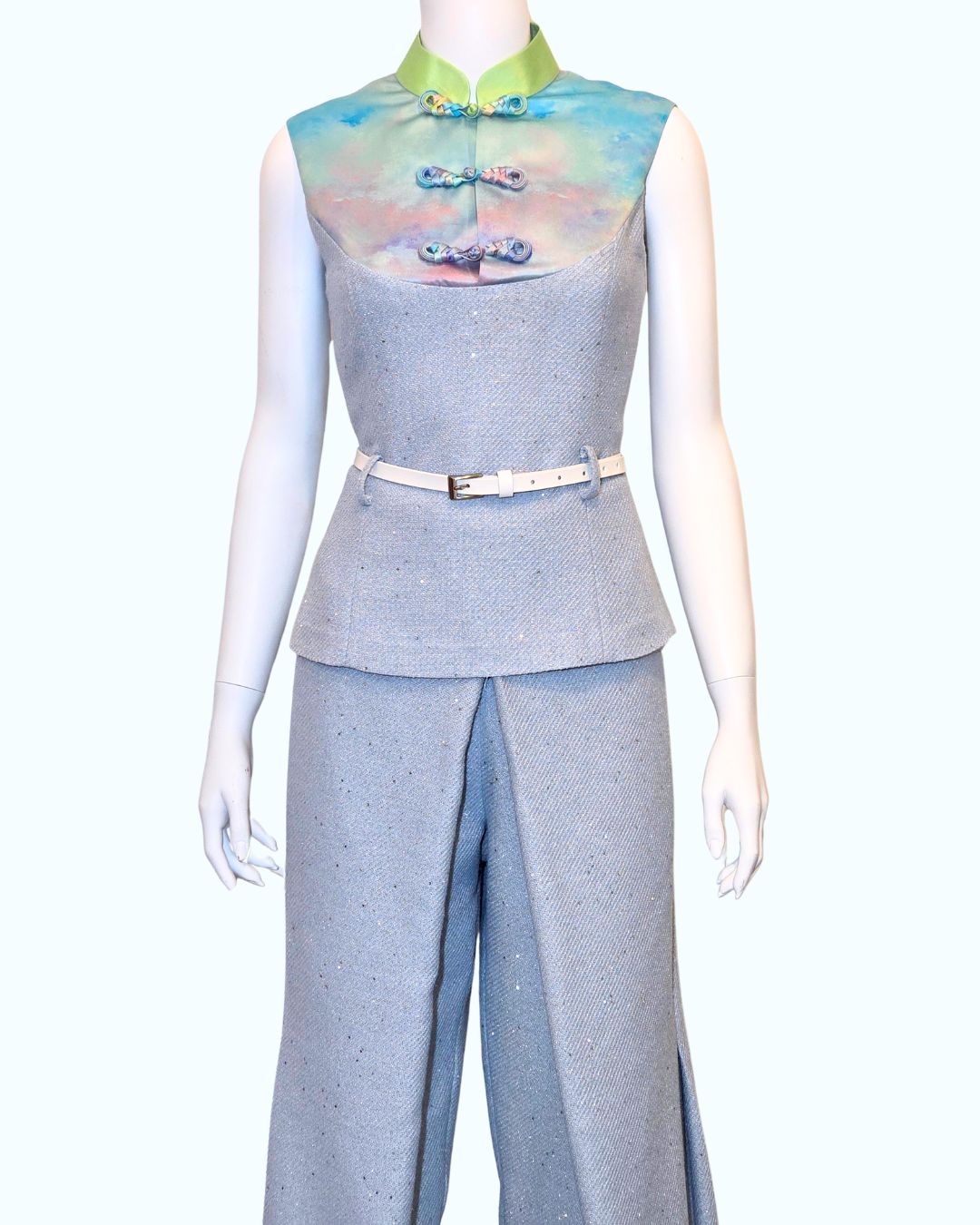 Baby Sequin Tweed with Sky Painting Print + Pleated Wide Leg Pants