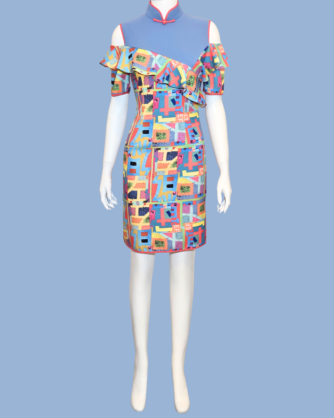 Blue and Multicolour Geometric Print Cheongsam